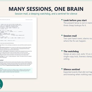 May include: A technical document titled MANY SESSIONS, ONE BRAIN featuring a code snippet, a numbered list of five points, and a section on the silence sentinel. A circular teal badge in the bottom left corner displays the text ZERO TOKENS WHILE WAITING.