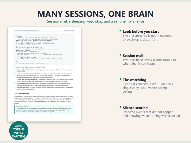 May include: A technical document titled MANY SESSIONS, ONE BRAIN featuring a code snippet, a numbered list of five points, and a section on the silence sentinel. A circular teal badge in the bottom left corner displays the text ZERO TOKENS WHILE WAITING.