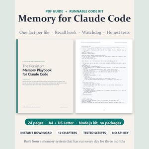 May include: A digital product titled Memory for Claude Code, featuring a PDF guide and runnable code kit. The cover displays The Persistent Memory Playbook for Claude Code. The document includes 24 pages, 12 chapters, and tested scripts in a Node.js kit, with no API key required. It is available in A4 and US Letter formats.