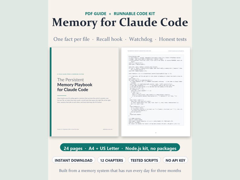 May include: A digital product titled Memory for Claude Code, featuring a PDF guide and runnable code kit. The cover displays The Persistent Memory Playbook for Claude Code. The document includes 24 pages, 12 chapters, and tested scripts in a Node.js kit, with no API key required. It is available in A4 and US Letter formats.