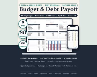 Monthly Budget Spreadsheet & Debt Payoff Tracker: Snowball/Avalanche Plan, Printable Binder (Excel/Google Sheets)