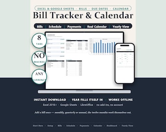 Bill Tracker Spreadsheet: Calendar, Due Dates, Yearly Cost (Excel/Google Sheets)