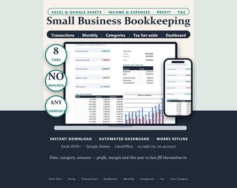 Small Business Expense Tracker & Bookkeeping Template: Income, Expenses, Profit, Tax (Excel, Google Sheets)