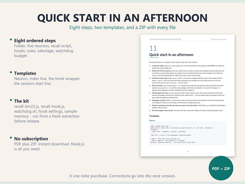 May include: A digital document titled Quick Start in an Afternoon featuring eight ordered steps, templates, and a kit list. The text outlines technical instructions including folder creation, neuron setup, recall scripts, hooks, rules, and budget management.
