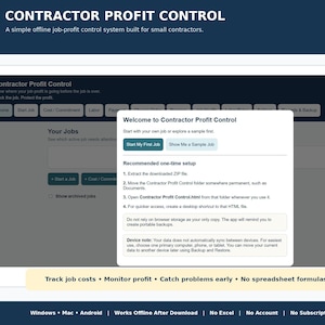May include: A digital interface for Contractor Profit Control software featuring a welcome modal with setup instructions. The screen displays navigation tabs, a job tracking dashboard, and a footer listing compatibility with Windows, Mac, and Android.