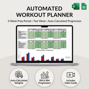 Geautomatiseerde krachttrainingplanner | Excel | RIR & 1RM-progressie