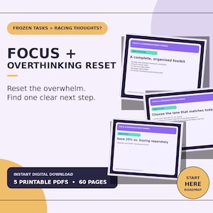 May include: A digital download product titled Focus + Overthinking Reset featuring five printable PDFs totalling 60 pages. The graphic displays three stacked cards with purple headers, text about an organised toolkit, and a yellow Start Here Roadmap circle.