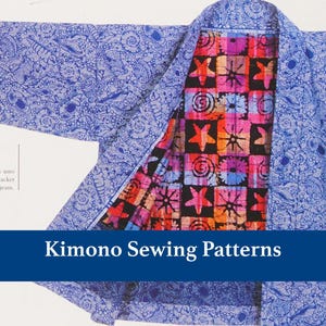 May include: A kimono jacket featuring a light blue exterior with a dark blue seashell and marine life pattern. The interior lining displays a vibrant grid of black, pink, orange, and purple squares with starfish and spiral motifs. Text reads: Kimono Sewing Patterns.