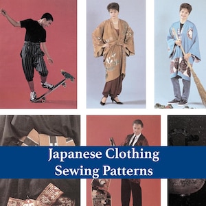 May include: A collection of Japanese clothing sewing patterns featuring various garments including a black t-shirt with striped pants, a brown patterned kimono-style jacket, a blue patterned haori, and a person wearing a dark blazer and trousers.