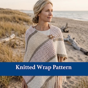 May include: A knitted wrap featuring diagonal panels in shades of cream, beige, and soft pink with a textured stitch pattern. The garment is secured with a wooden pin and finished with long fringe along the bottom edge. Text reads Knitted Wrap Pattern.