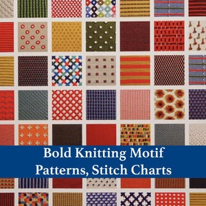 Può includere: Una griglia di quadrati colorati che mostrano varie texture e motivi a maglia, inclusi punti, strisce e forme geometriche. Un banner blu al centro riporta il testo bianco: Bold Knitting Motif Patterns, Stitch Charts.