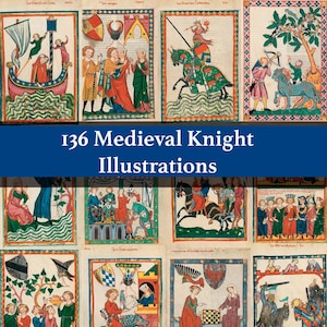Può includere: Una collezione di 136 illustrazioni di cavalieri medievali che presentano varie scene di figure in abiti storici, cavalli, scudi araldici ed elementi architettonici, il tutto presentato in una griglia di opere d'arte dettagliate in stile manoscritto.