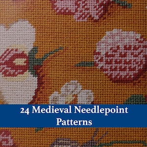 24 medeltida nålmönster PDF, gotiska gobelängdiagram för kuddar och heminredning, historiska kanvasdesigner, omedelbar nedladdning