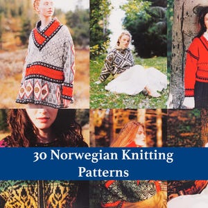 May include: A collection of knitted sweaters featuring intricate geometric and floral patterns in red, white, black, and grey. The image includes the text 30 Norwegian Knitting Patterns displayed over a dark blue rectangular background.