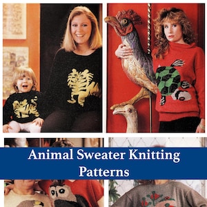 May include: A collection of knitted sweaters featuring animal motifs including a yellow tiger on a black sweater, a green and black turtle on a red sweater, and an owl design. The text reads Animal Sweater Knitting Patterns.