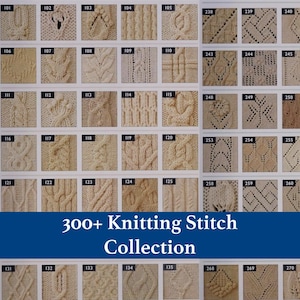 May include: A grid of beige knitted fabric swatches, each labelled with a number from 101 to 270, showcasing various cable, lace, and textured patterns. A blue banner at the bottom displays the white text 300+ Knitting Stitch Collection.