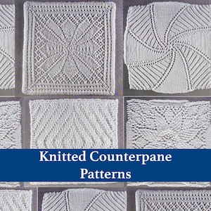 Könnte beinhalten: Eine Sammlung weißer gestrickter Quadrate mit verschiedenen komplizierten Spitzen- und geometrischen Texturen, angeordnet in einem Raster. Ein dunkelblaues horizontales Banner in der Mitte zeigt den weißen Text Knitted Counterpane Patterns.