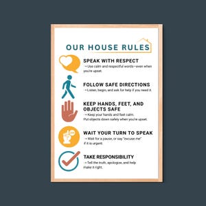 Puede incluir: Un cartel de pared enmarcado titulado OUR HOUSE RULES con cinco iconos e instrucciones de texto: SPEAK WITH RESPECT, FOLLOW SAFE DIRECTIONS, KEEP HANDS, FEET, AND OBJECTS SAFE, WAIT YOUR TURN TO SPEAK y TAKE RESPONSIBILITY, con marco de madera clara.