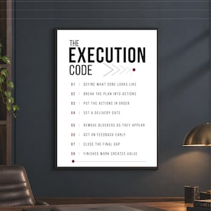 Może przedstawiać: Prostokątny wydruk ścienny z tytułem THE EXECUTION CODE pogrubioną czarną czcionką, po którym następuje numerowana lista od 01 do 08 w kolorze czerwonym, szczegółowo opisująca kroki zarządzania projektami czarnym tekstem na białym tle w czarnej ramie.