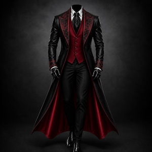 May include: A long black coat with red floral embroidery on the lapels and cuffs, worn over a red vest and black dress shirt with a black tie. The ensemble includes black trousers and black gloves, featuring a deep red lining visible inside.