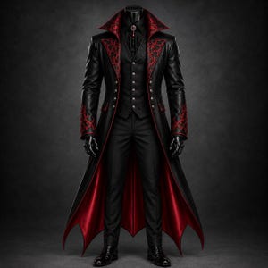 May include: A black long coat with a high collar and red ornate embroidery on the lapels and cuffs, featuring a red lining. The coat is worn over a black vest with silver buttons, a black shirt with a red brooch, black trousers, and black shoes.