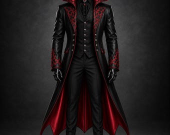 May include: A black long coat with a high collar and red ornate embroidery on the lapels and cuffs, featuring a red lining. The coat is worn over a black vest with silver buttons, a black shirt with a red brooch, black trousers, and black shoes.