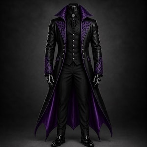 May include: A long black coat with a high collar and purple patterned lapels, worn over a black vest with silver buttons, a black shirt, and black trousers. The coat features purple embroidery on the cuffs and a deep purple lining at the hem.