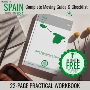 May include: A white workbook titled Moving to Spain, Moving from USA with a green map graphic showing the route. The cover features the text Plan it. Tick it. Survive it. Enjoy it. and a green 1st Month Free badge with 15 minutes included.