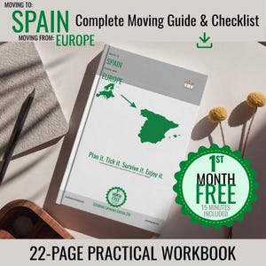 Op de afbeelding: Een praktisch werkboek van 22 pagina's met de titel Moving to Spain, Moving from Europe. De omslag bevat een groene kaart van Europa en Spanje met een pijl, de tekst Plan it. Tick it. Survive it. Enjoy it. en een groen 1st Month Free label.
