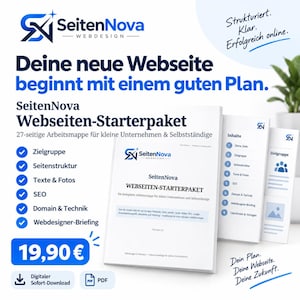 Op de afbeelding: Een digitaal productblad voor het SeitenNova Webseiten-Starterpaket, een werkmap van 27 pagina's voor kleine bedrijven. De tekst bevat 'Deine neue Webseite beginnt mit einem guten Plan' en somt secties op zoals Zielgruppe, Seitenstruktur en SEO.