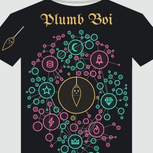 May include: A black t-shirt featuring the text Plumb Boi in gold lettering. The graphic displays a central plumb bob icon surrounded by a network of interconnected pink and teal circles, lines, and symbols including a moon, rocket, star, diamond, lightning bolt, fire, and crown.