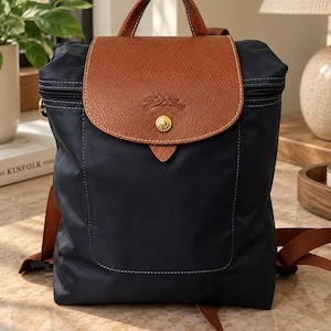 Longchamp Le Pliage Black Nylon Backpack, Brown Leather Trim Foldable Rucksack, Lightweight Everyday Travel Bag for Women