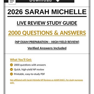 Op de afbeelding: Een digitale studiegids getiteld 2026 SARAH MICHELLE LIVE REVIEW STUDY GUIDE met 2000 QUESTIONS & ANSWERS voor NP-examenvoorbereiding. Het document bevat geverifieerde antwoorden en is beschikbaar als een printbare PDF.