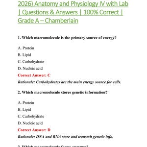 May include: A document titled BIOS 256 Midterm Exam 1 (Latest Update 2026) Anatomy and Physiology IV with Lab | Questions & Answers | 100% Correct | Grade A – Chamberlain. It lists three multiple-choice questions about macromolecules with answers.