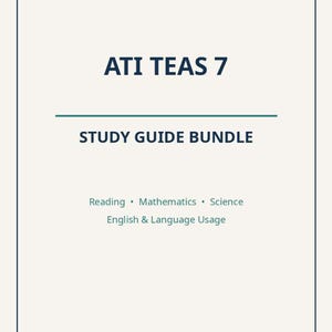 Puede incluir: Una portada de guía de estudio con fondo crema y texto azul oscuro. El título dice ATI TEAS 7 STUDY GUIDE BUNDLE. Debajo, el texto enumera las materias: Reading, Mathematics, Science y English & Language Usage en color verde azulado.