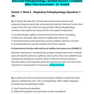 Può includere: Un documento intitolato NR507 FINAL EXAM STUDY GUIDE 2026/2027 | Weeks 5-8 Advanced Pathophysiology | Verified Answers | Complete Q&A | Pass Guaranteed - A+ Graded. Contiene domande a scelta multipla sulla fisiopatologia respiratoria.