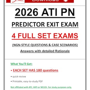 Könnte beinhalten: Ein digitales Dokument mit dem Titel 2026 ATI PN PREDICTOR EXIT EXAM, das 4 vollständige Prüfungssätze mit NGN-Fragen, Fallstudien und Antworten mit detaillierter Begründung enthält. Jeder Satz umfasst 180 Fragen im druckbaren PDF-Format.