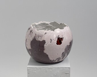 Chocolate & strawberry colored concrete vessel sculpture with agate inlay. Live edge. Natural shiny outside surface. Wabi-sabi bowl.