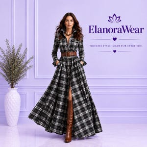 May include: A long-sleeved, floor-length shirt dress featuring a black and white plaid pattern, a button-down front, a collar, and two chest pockets. The dress is cinched at the waist with a wide brown leather belt and paired with brown leather boots.