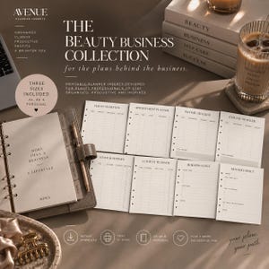 May include: A beige ring-bound planner with a pen and several loose-leaf printable inserts labeled Client Overview, Appointment Planner, Income Tracker, Expense Tracker, Stock & Supplies, Content Planner, Business Goals, and Monthly Reset.
