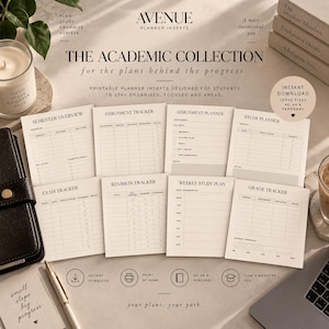 May include: A collection of printable planner inserts titled The Academic Collection, featuring various templates including a semester overview, assignment tracker, assignment planner, study planner, exam tracker, revision tracker, weekly study plan, and grade tracker.