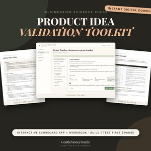May include: A digital product idea validation toolkit featuring a quick-start guide, an interactive app interface for teacher classroom expense tracking, and a worked example document, all presented against a dark background with white text.