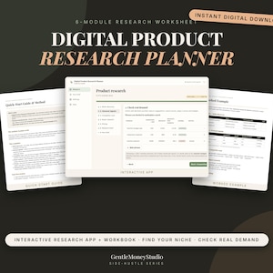 May include: A digital product research planner featuring a 6-module research worksheet, an interactive app interface, a quick-start guide, and a worked example. The text includes "Digital Product Research Planner," "Quick-Start Guide & Method," and "Interactive Research App + Workbook - Find Your Niche - Check Real Demand."