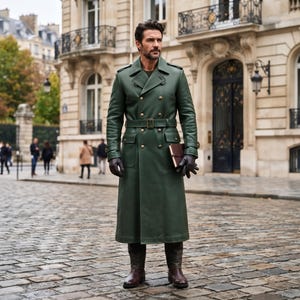 Men’s Green Leather Overcoat, Luxury Winter Coat, European Style Long Coat, Double Breasted  Outerwear