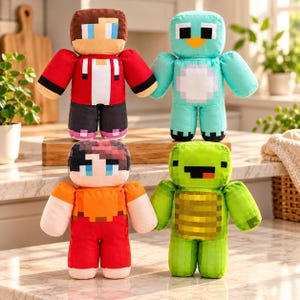 May include: Four plush toys with blocky, pixelated designs. Top left is a character with brown hair in a red jacket. Top right is a light blue creature with a yellow beak. Bottom left is a character with brown hair in an orange shirt. Bottom right is a green turtle.