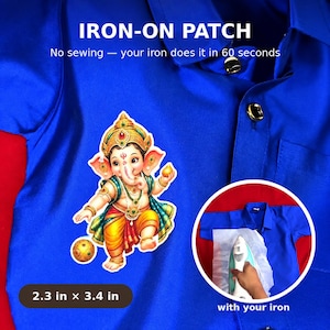 May include: An iron-on patch featuring a colorful illustration of the deity Ganesha, measuring 2.3 inches by 3.4 inches. The patch is shown applied to a bright blue shirt, with an inset circle demonstrating the application process using an iron.