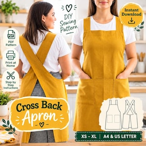 Puede incluir: Un delantal color mostaza con espalda cruzada y dos bolsillos delanteros, mostrado desde el frente y la parte posterior. La imagen incluye el texto: DIY Sewing Pattern, Cross Back Apron, Instant Download, PDF Pattern, Print at Home, Step by Step Instructions, y XS-XL A4 & US LETTER.