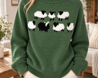 May include: A forest green long-sleeve knit jumper featuring a crew neckline and a ribbed hem. The front of the jumper displays a graphic pattern of seven stylised sheep in alternating black and white colours arranged in two rows.
