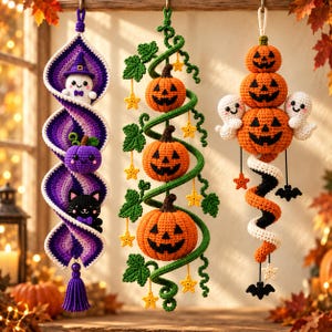 Puede incluir: Tres decoraciones de ganchillo colgantes que incluyen una espiral morada con un fantasma, una calabaza morada y un gato negro; una espiral de enredadera verde con tres calabazas de Halloween y estrellas amarillas; y una espiral naranja.