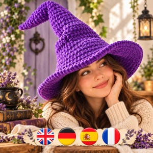 May include: A vibrant purple crocheted witch hat with a pointed crown and a wide, flexible brim. The hat features a thick, textured yarn construction with a consistent stitch pattern throughout the entire piece, creating a soft and cozy appearance.